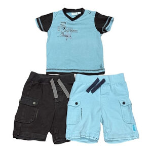 Mexx Shirt Shorts Set Boys 12-18M Blue Black 100% Cotton 2 Pair Cargo Pockets